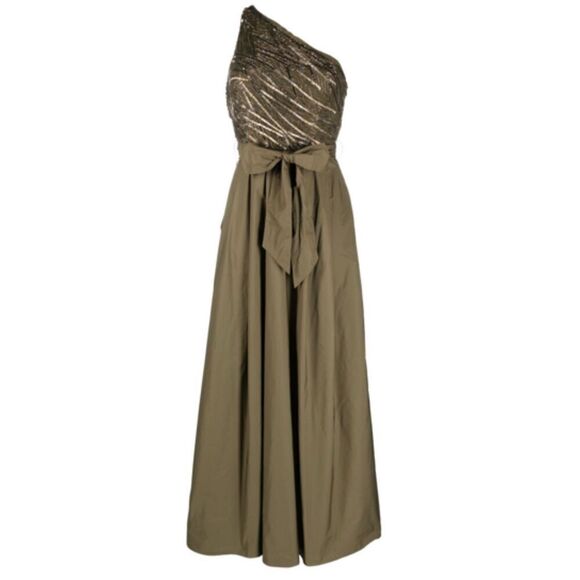 Lauren by Ralph Lauren Beaded Taffeta One-Shoulder Gown in Olive Green NWT Size - Picture 1 of 5